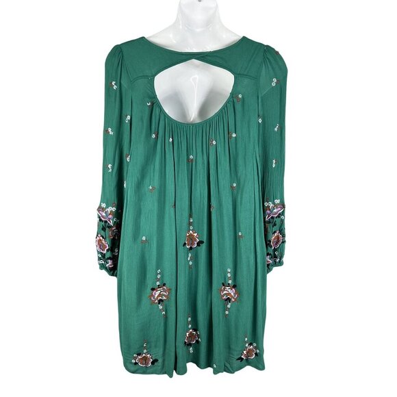 Free People Womens L Green Gauzy Dress Embroidered Boho Hippie Cottagecore Flowy - Picture 2 of 16